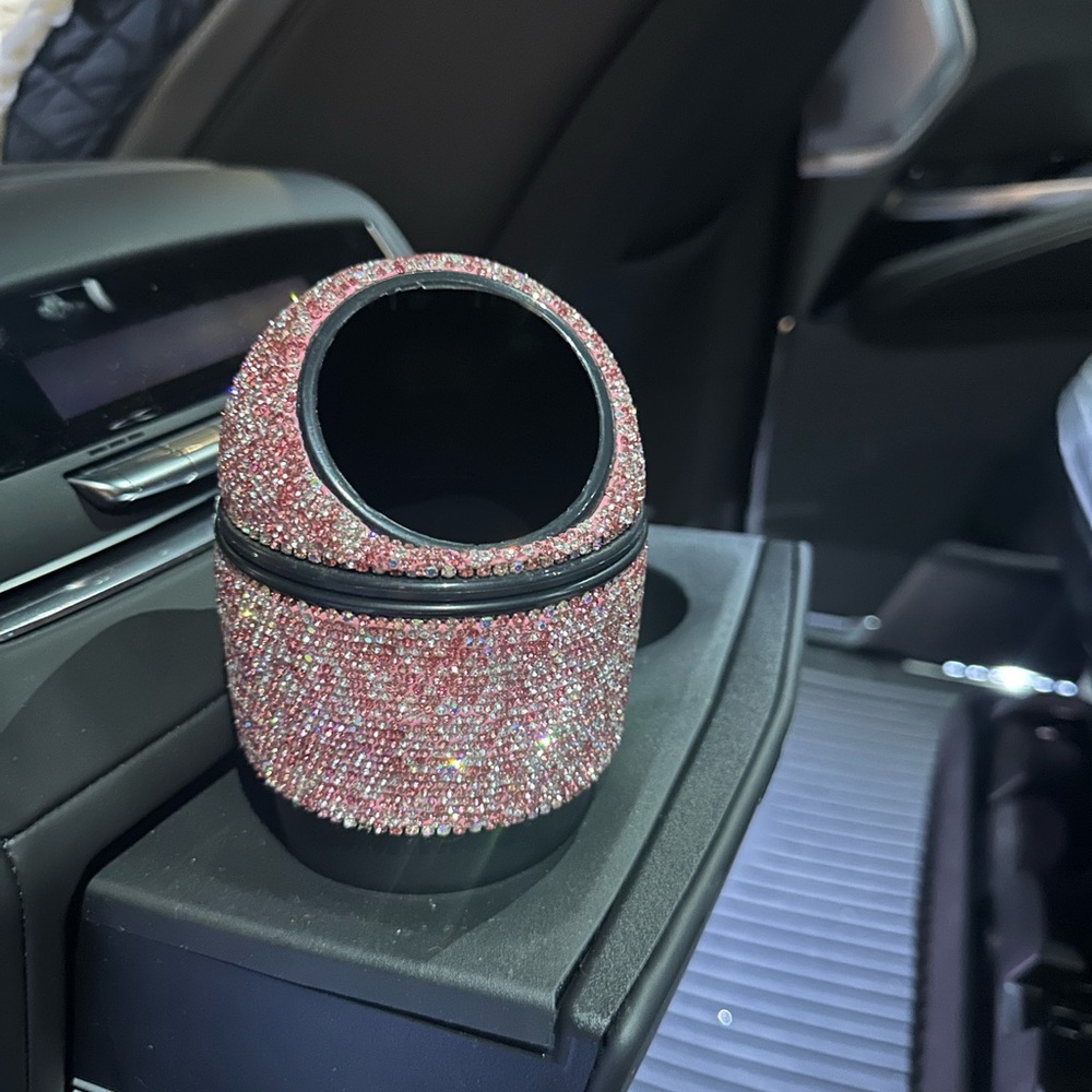 Dazzling pink and black cupholder trashcan.
